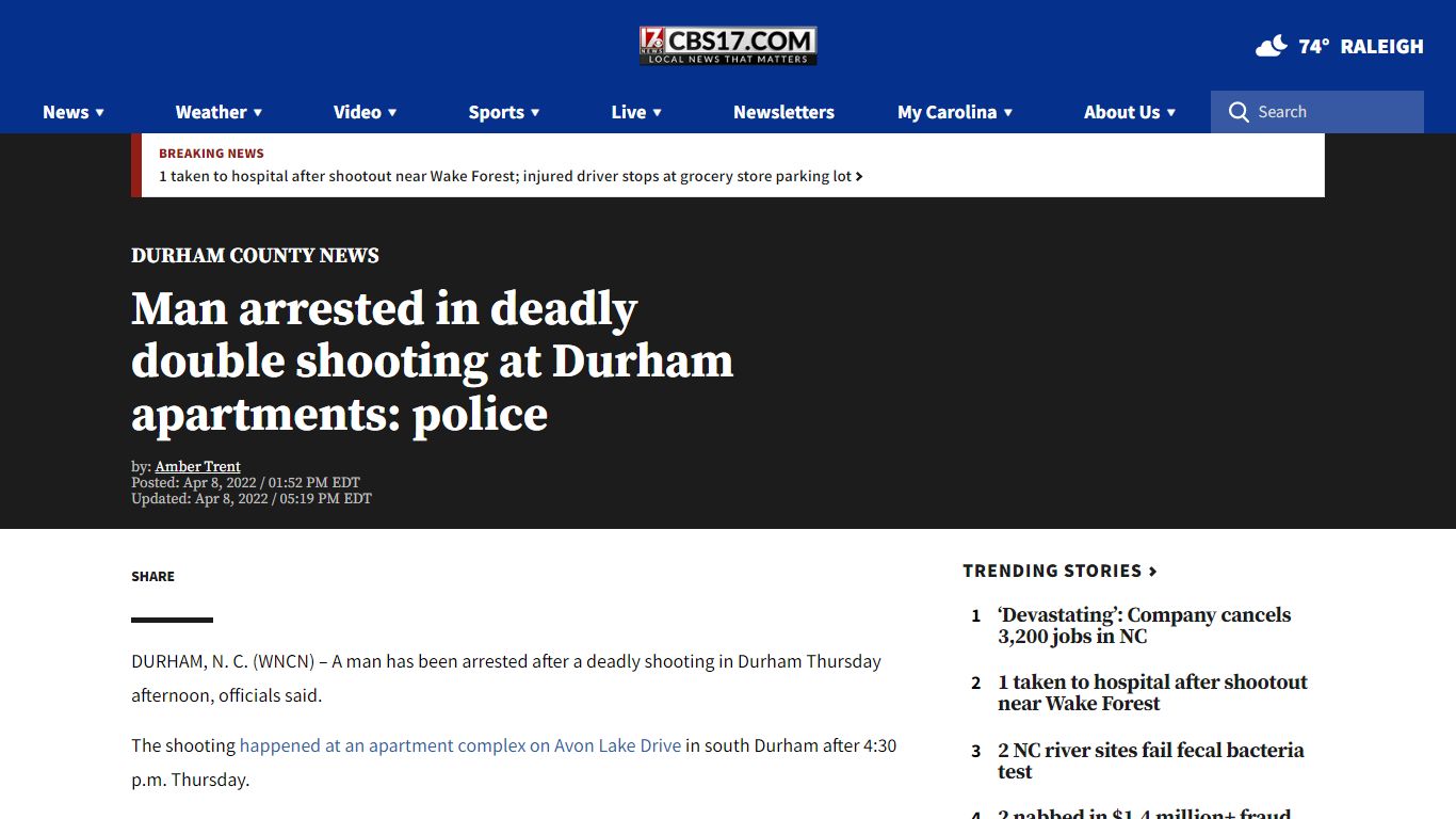 Man arrested in deadly double shooting at Durham apartments: police